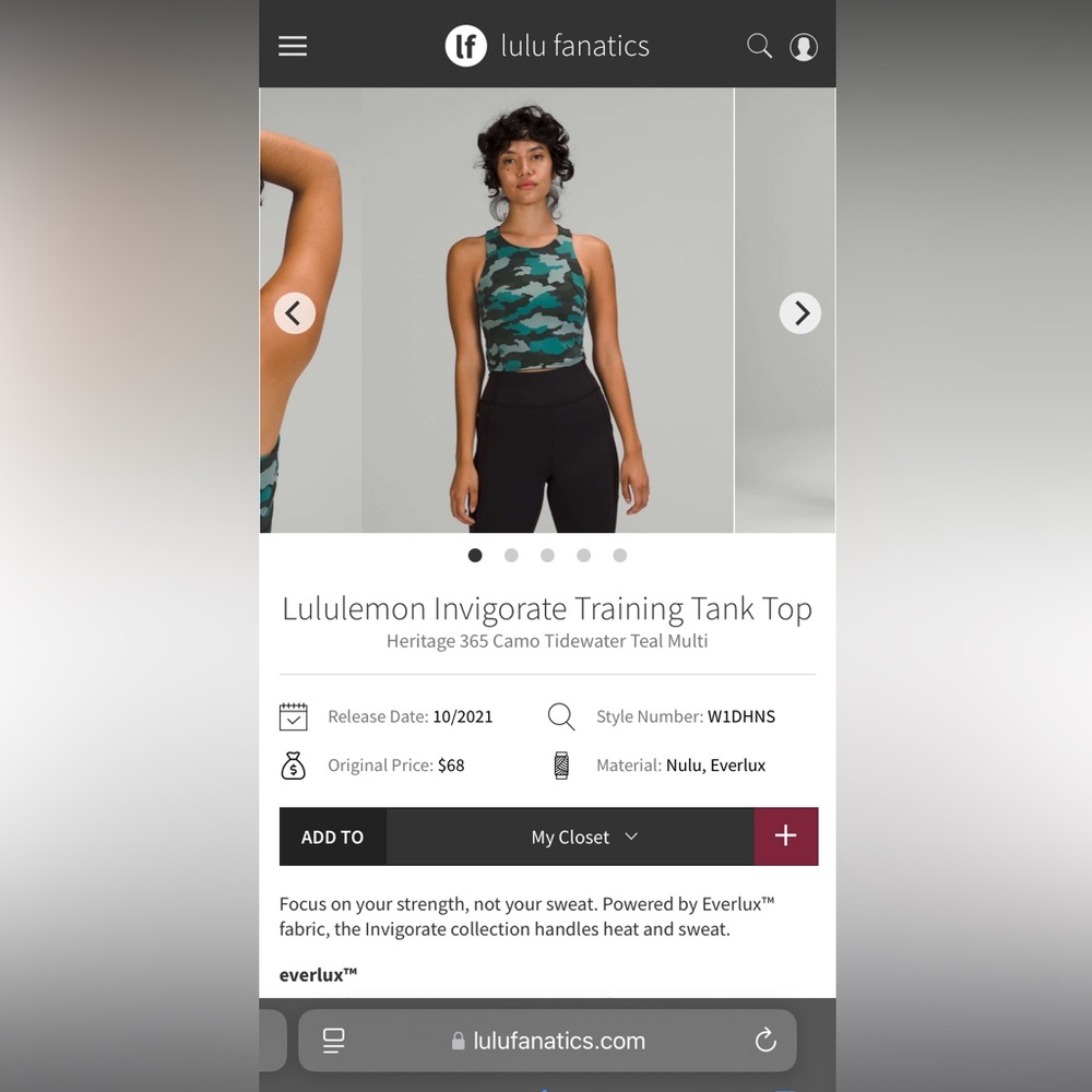 NWTLululemon Invigorate Training Tank Top
Heritage 365 Camo Tidewater Teal Multi